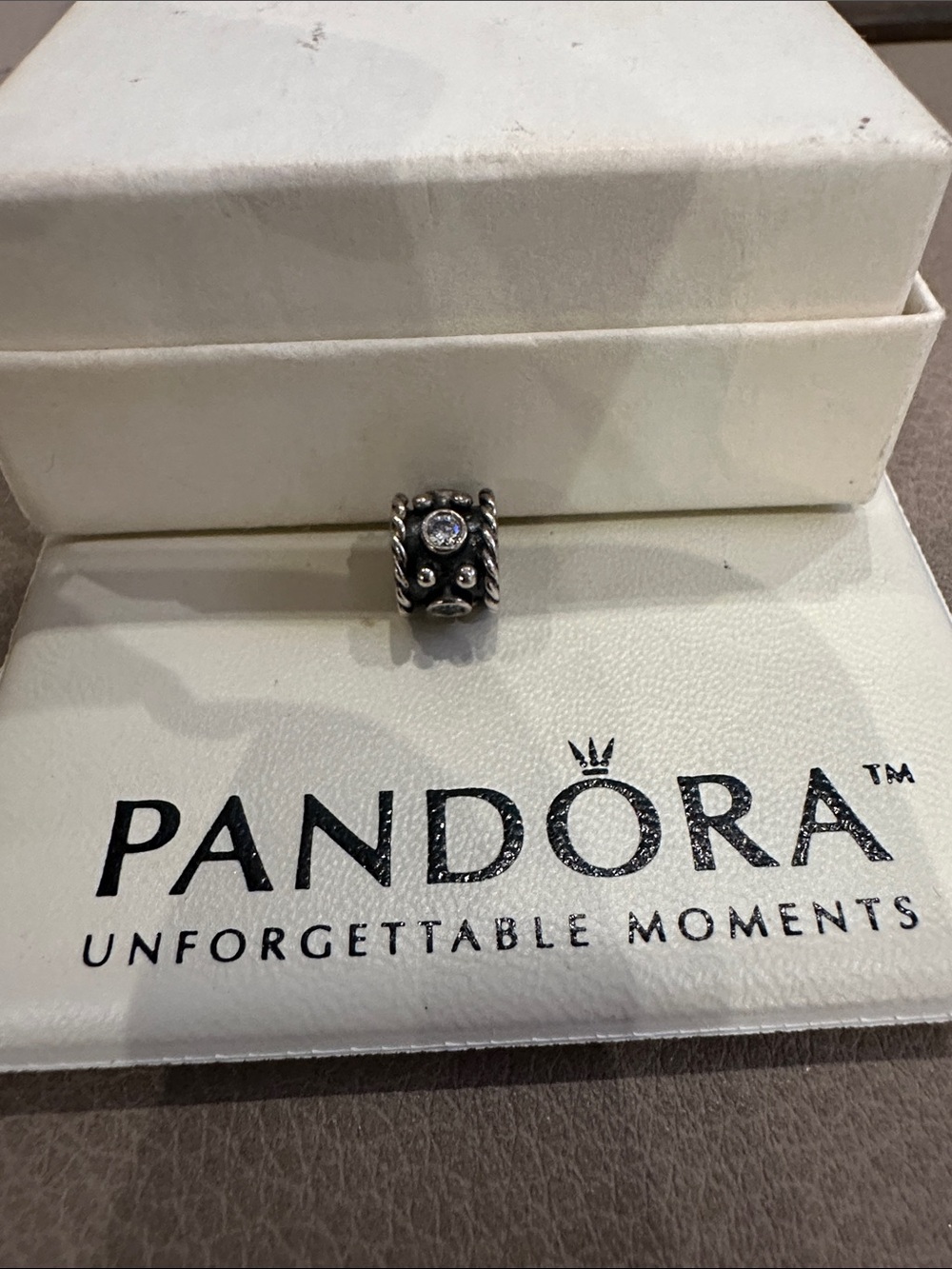 Pandora Silver Charm with crystal stone & rope/dot Motif